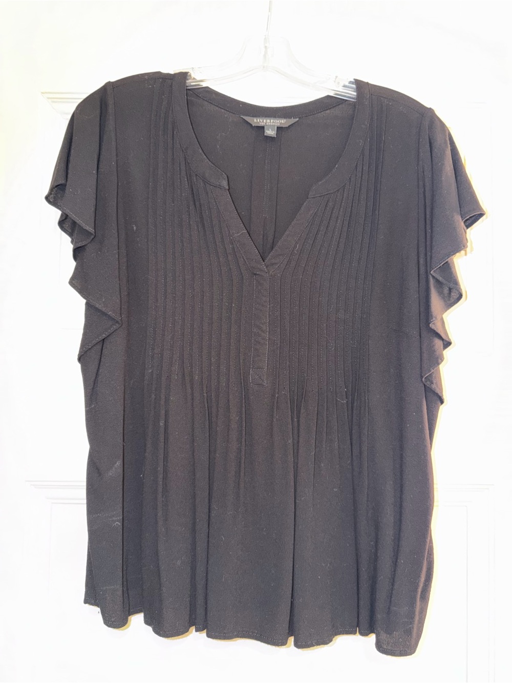 Liverpool Black Pintuck V-Neck Flutter Sleeve Blouse